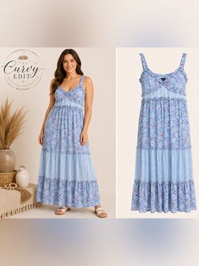 Torrid 1 Blue Floral Boho Tiered Maxi Dress Ruffle Sleeveless Romantic Floral